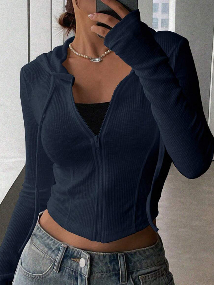 Women's Slim Fit Zip-Up Hooded Cardigan Knit Top
