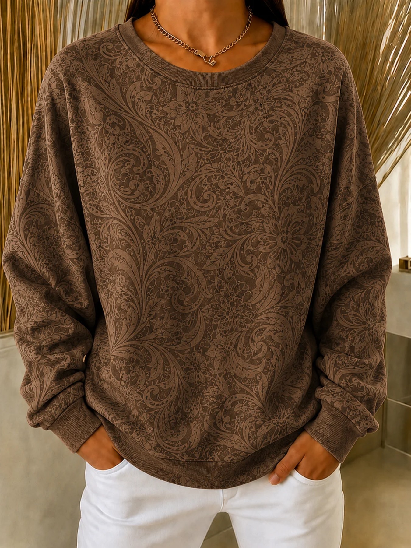 Bohemian Print Crewneck Long Sleeve Pullover Sweatshirt