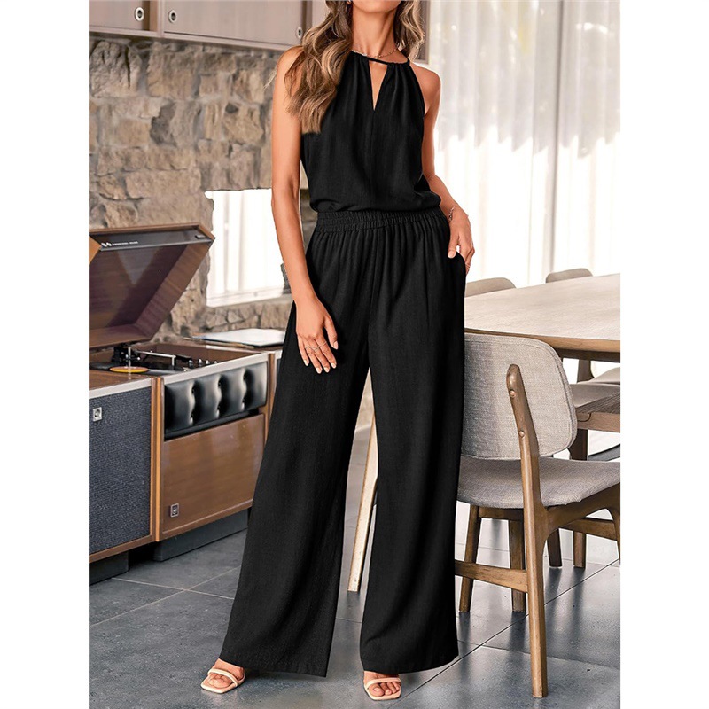 Women's Cutout Halter Top and Wide-Leg Pants Two-Piece Set