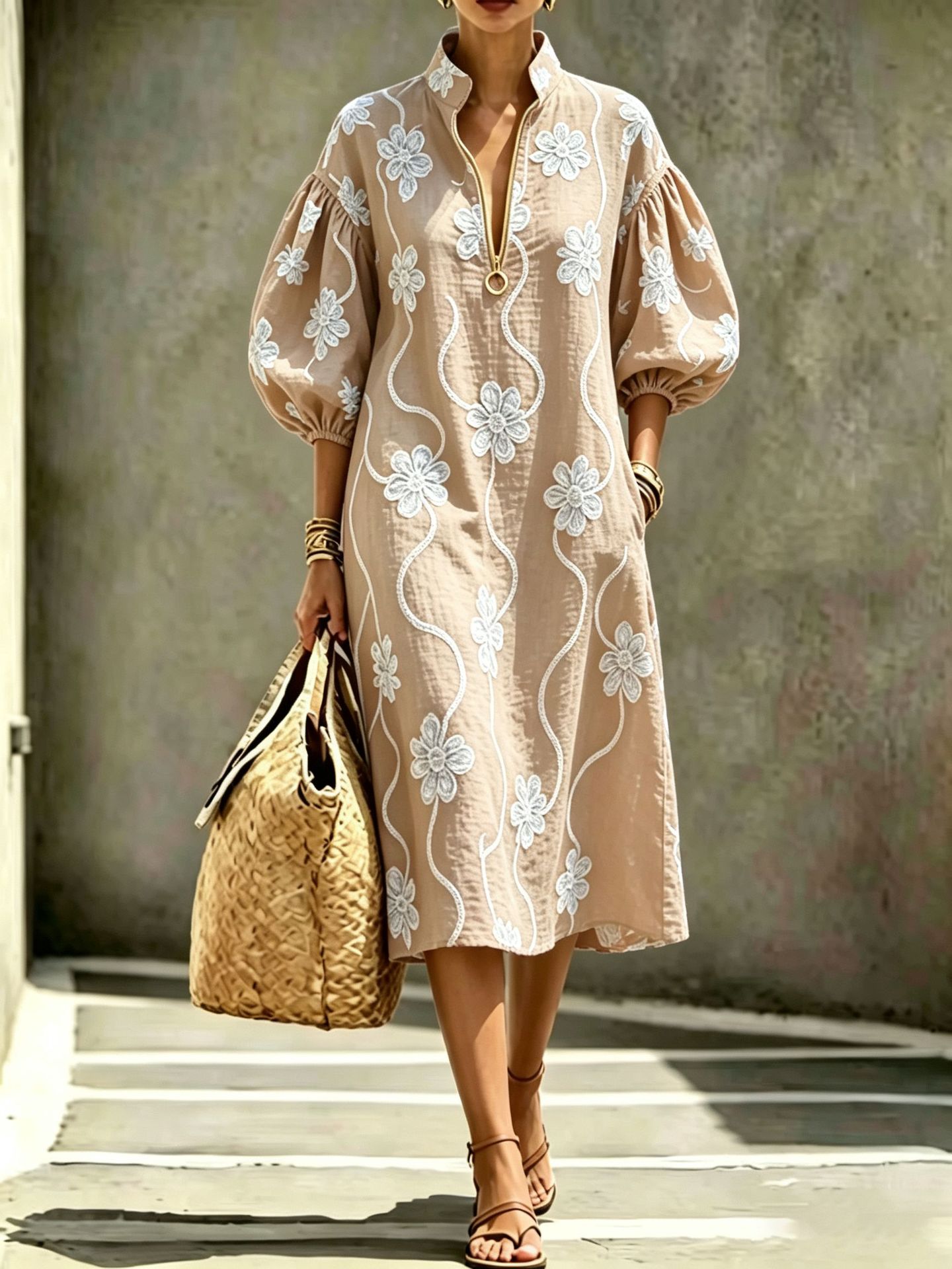 Women's Casual Loose Stand Collar Puff Sleeve Half-Zip Dress