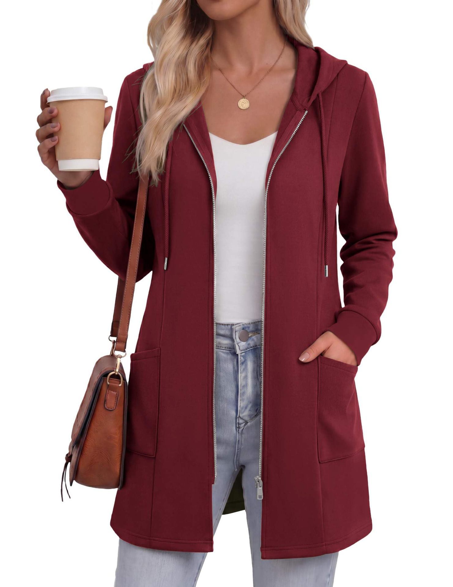 Women's Solid Color Mid-Length Zip-Up Hoodie Casual Sweatshirt Jacket