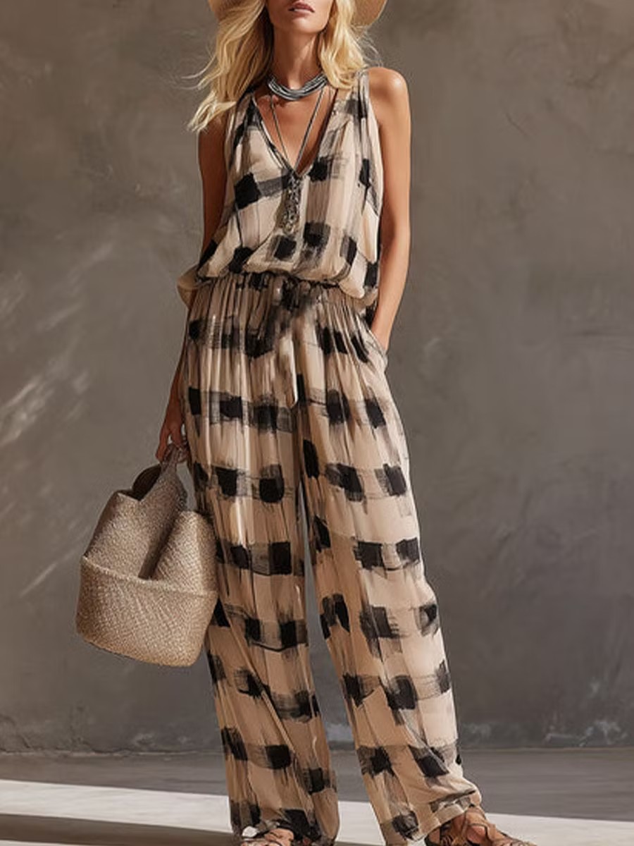 Women's Sleeveless V-Neck Printed Elastic Waist Two-Piece Set