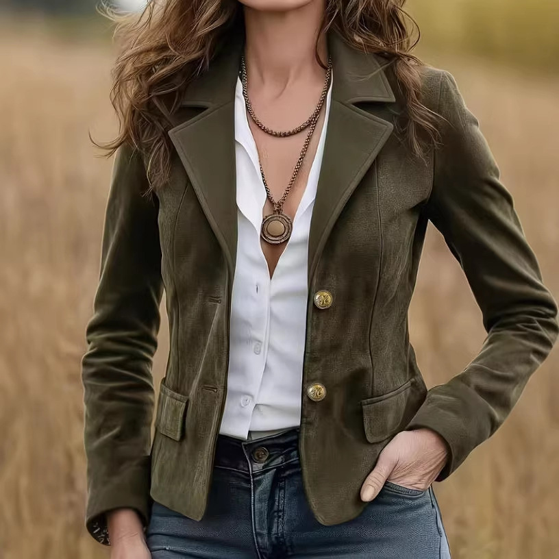 Women's Vintage Ranch Style Solid Short Jacket with Lapel Collar and Metal Buttons Slim Fit