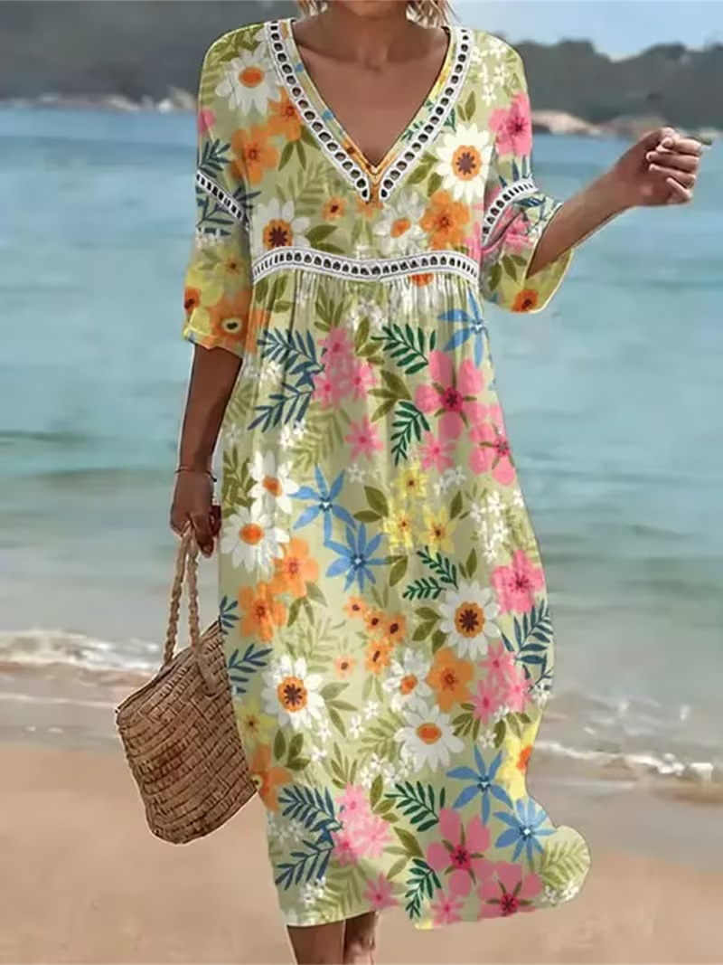 Women's Floral Print Pleated Midi Dress Deep V-Neck Five-Sleeve Slim Fit