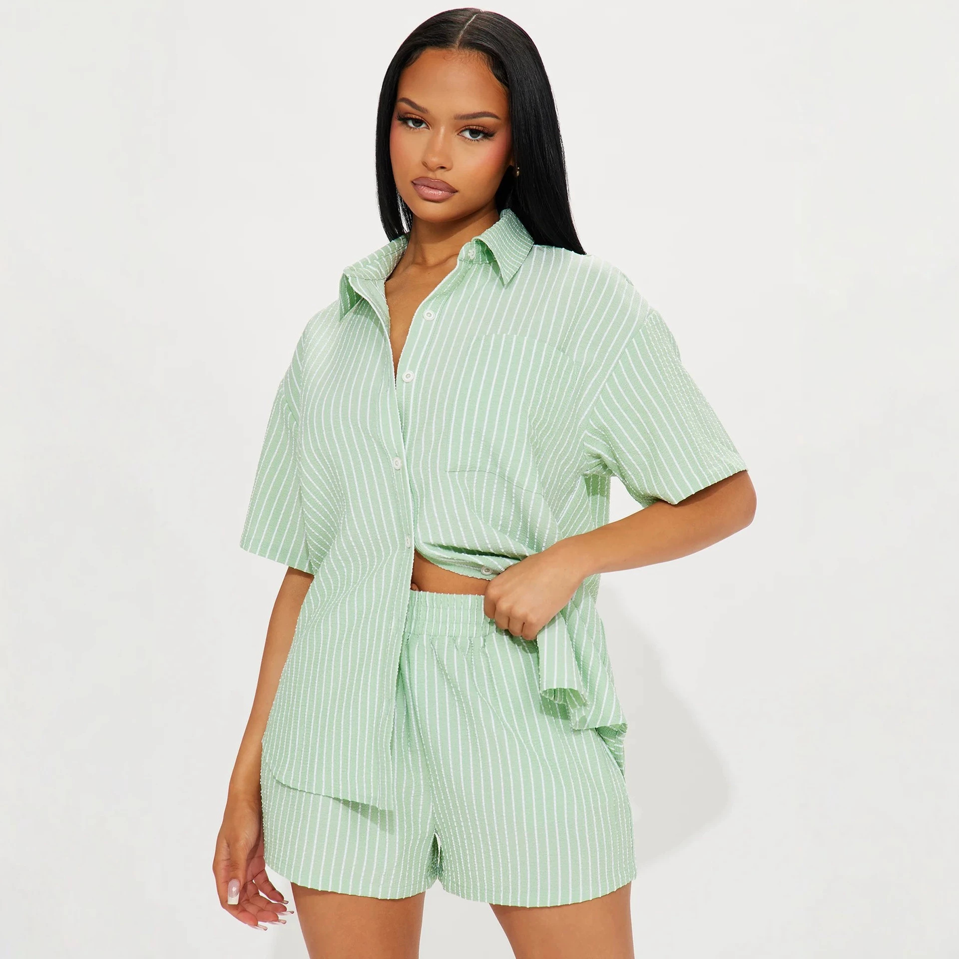 Women's Striped Short Sleeve Shirt and Elastic Waist Shorts Two-Piece Set