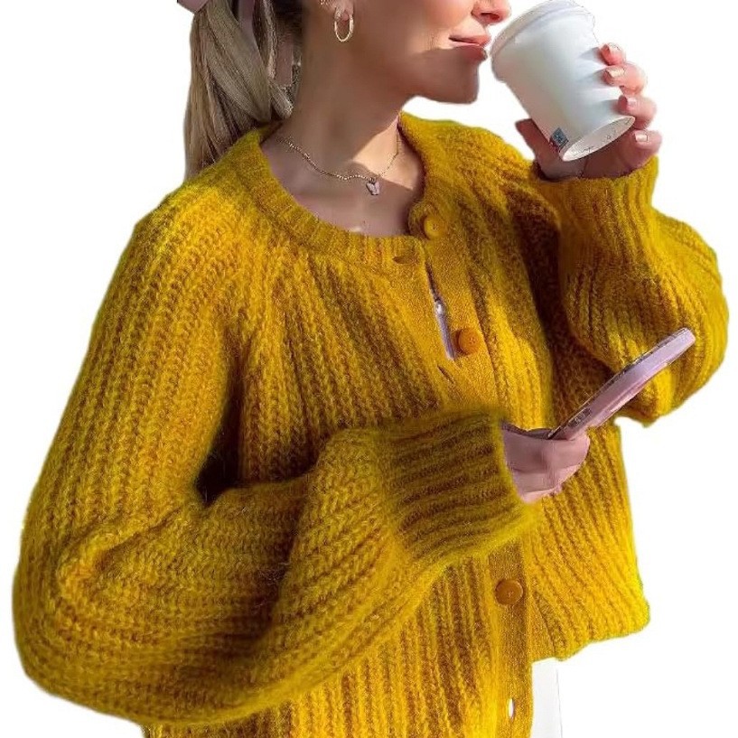 Women's Solid Color Knit Cardigan Crew Neck Long Sleeve Sweater