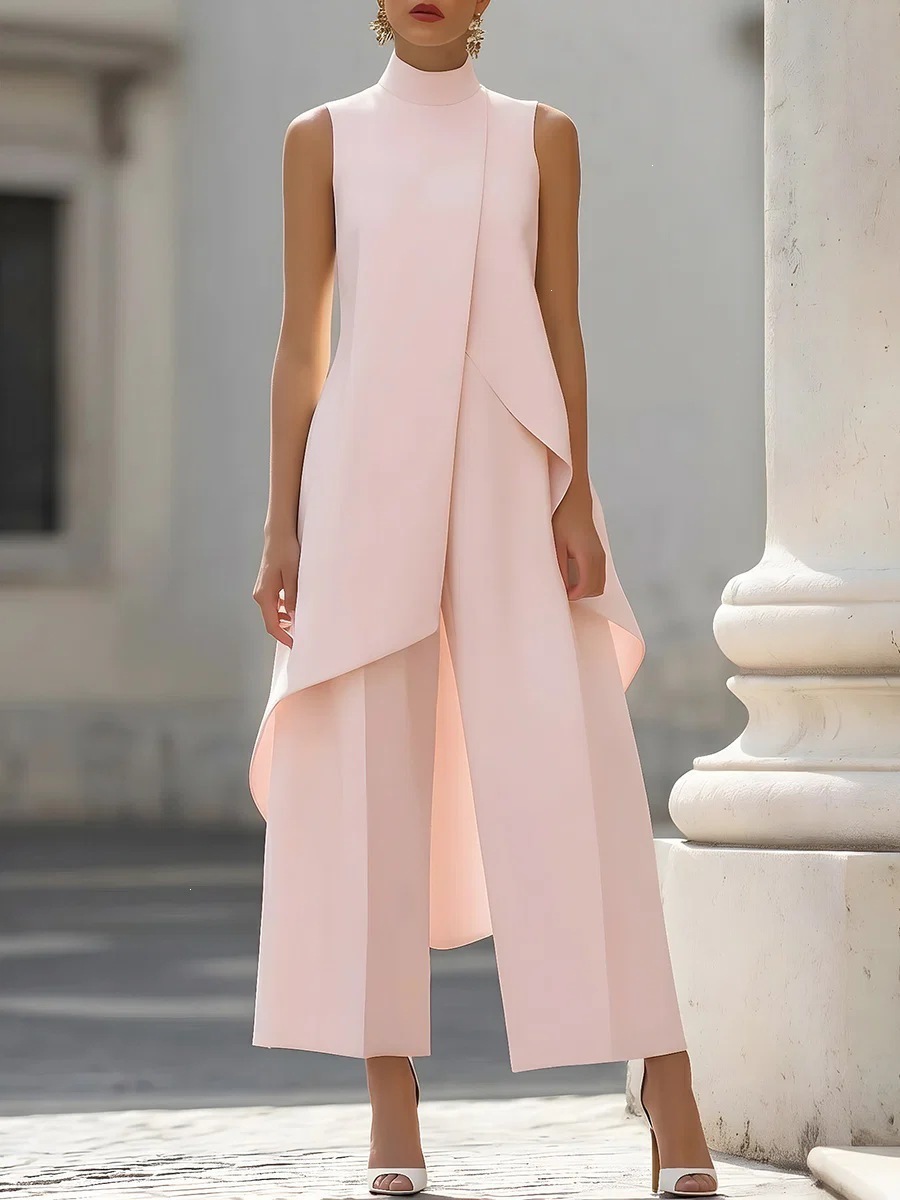 Women's High Neck Sleeveless Layered Wide Leg Jumpsuit Two-Piece Set
