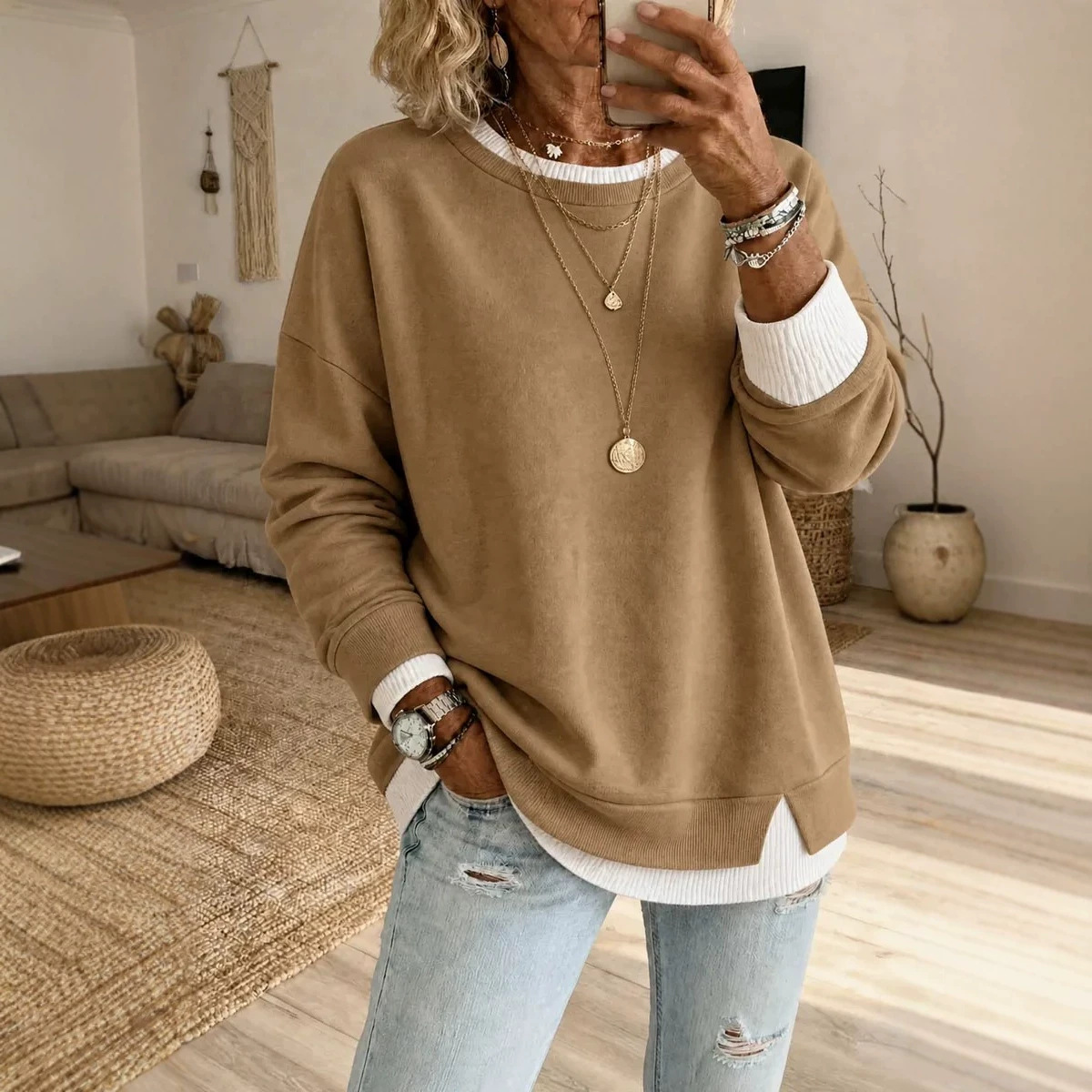 Faux Two-Piece Ribbed Split-Neck Long-Sleeve Pullover Sweatshirt for Women