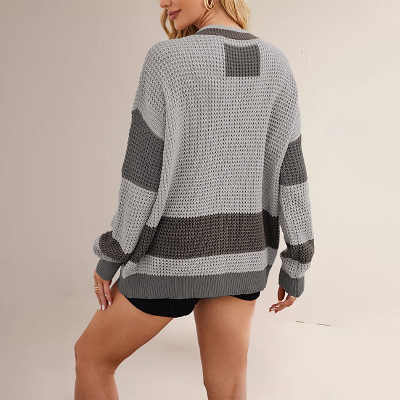 Women's V-Neck Colorblock Knit Cardigan with Pockets Plus Size