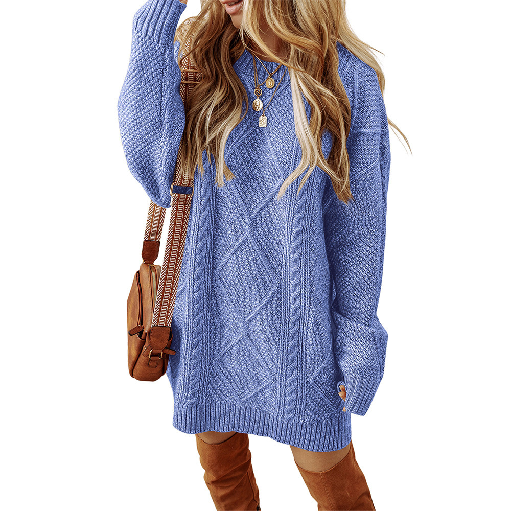 Cable-Knit Sweater Dress Relaxed Crew Neck Knee-Length