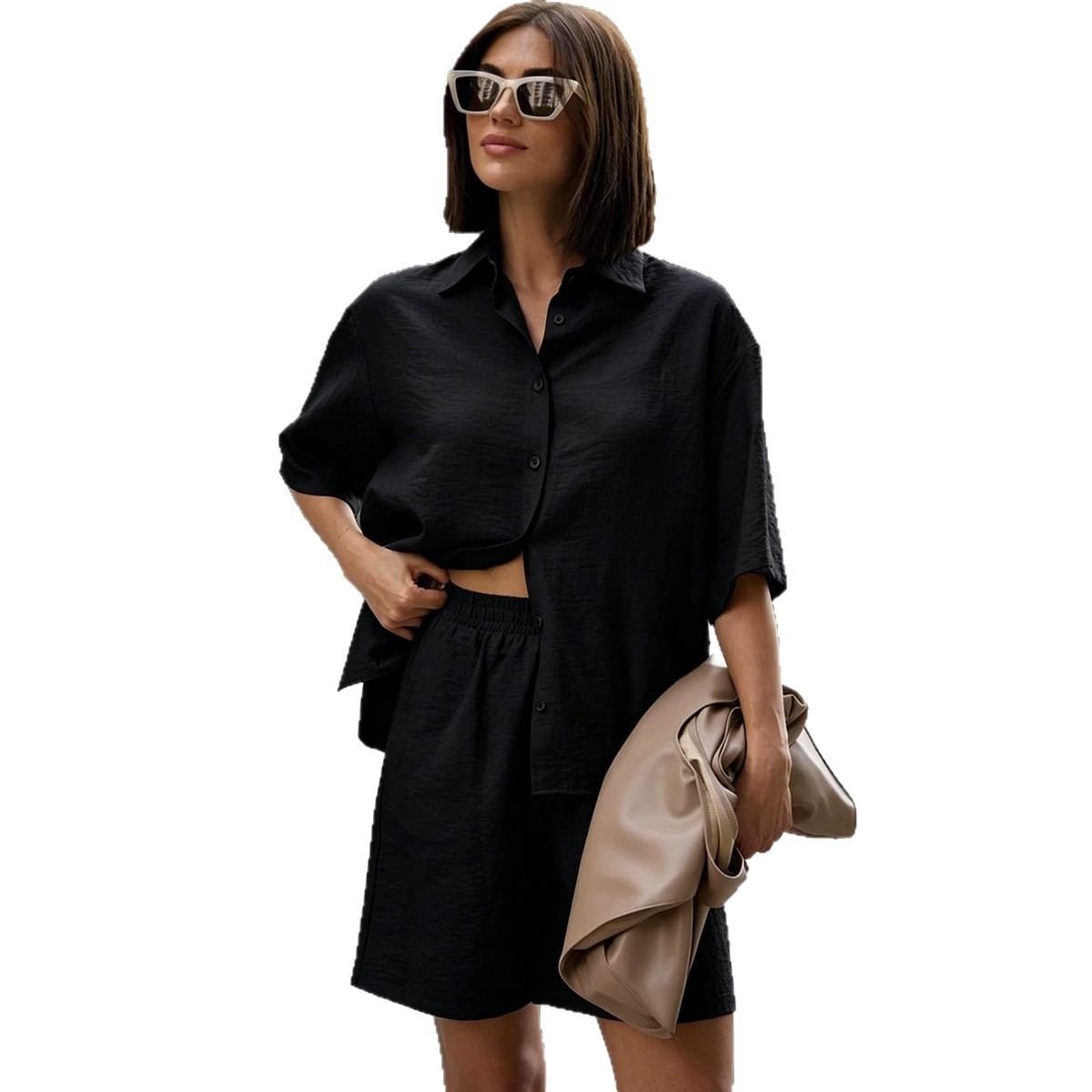 Women's Casual Shirt and Shorts Set Short Sleeve Solid Color Minimalist