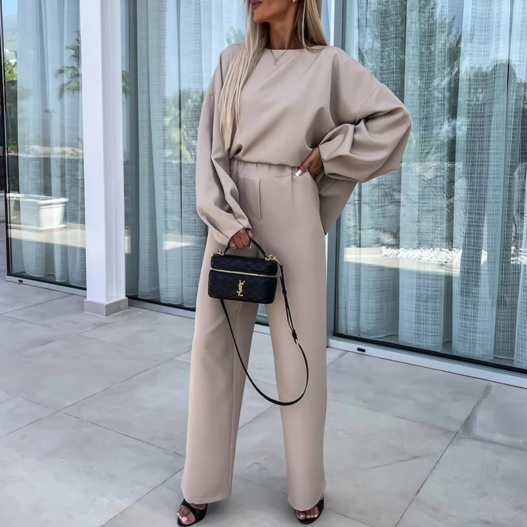 Women's Casual Loose Two-Piece Set Long Sleeve Crewneck Solid Top and Elastic Straight Pants