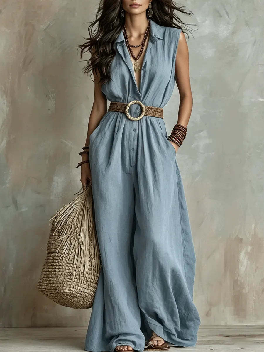 Women's Sleeveless Wide-Leg Jumpsuit with Collar and Waist Tie