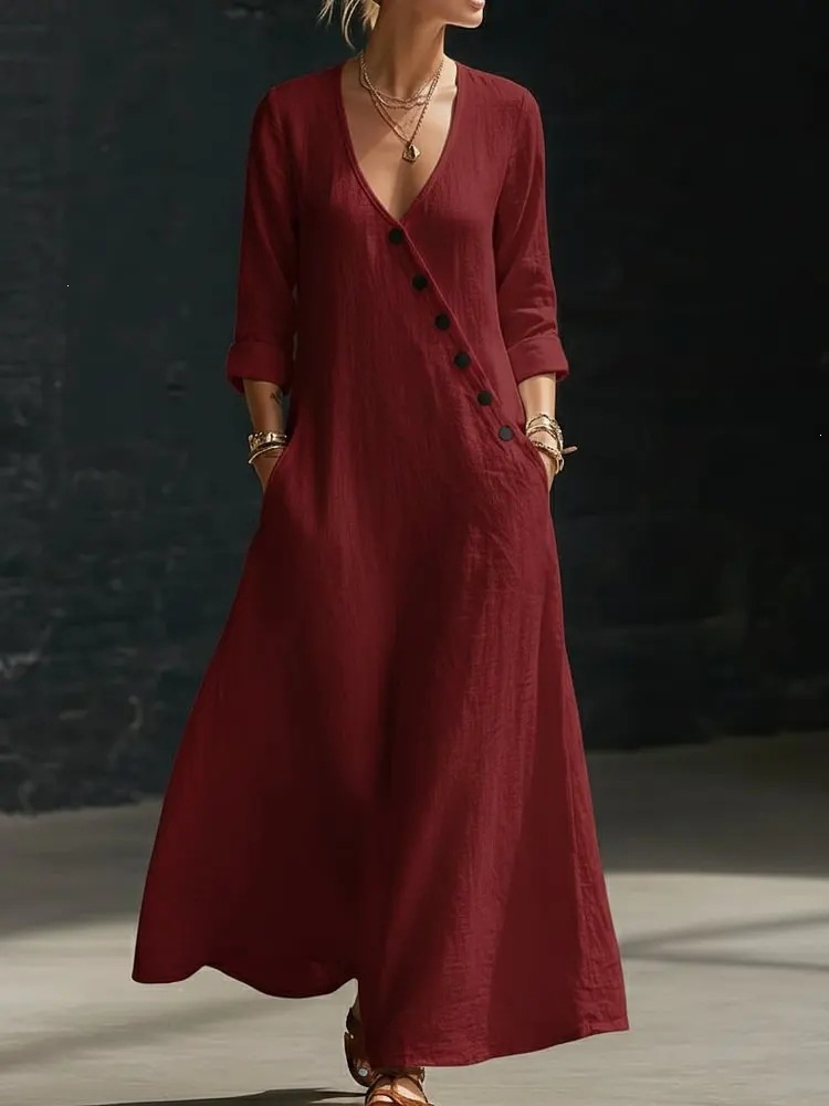 Asymmetric Button V-Neck Midi Dress with Rolled Cuffs and Side Pockets