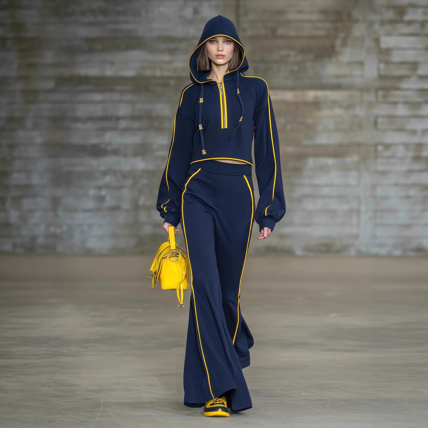 Blue Hooded Top and Flared Pants Set with Yellow Trim
