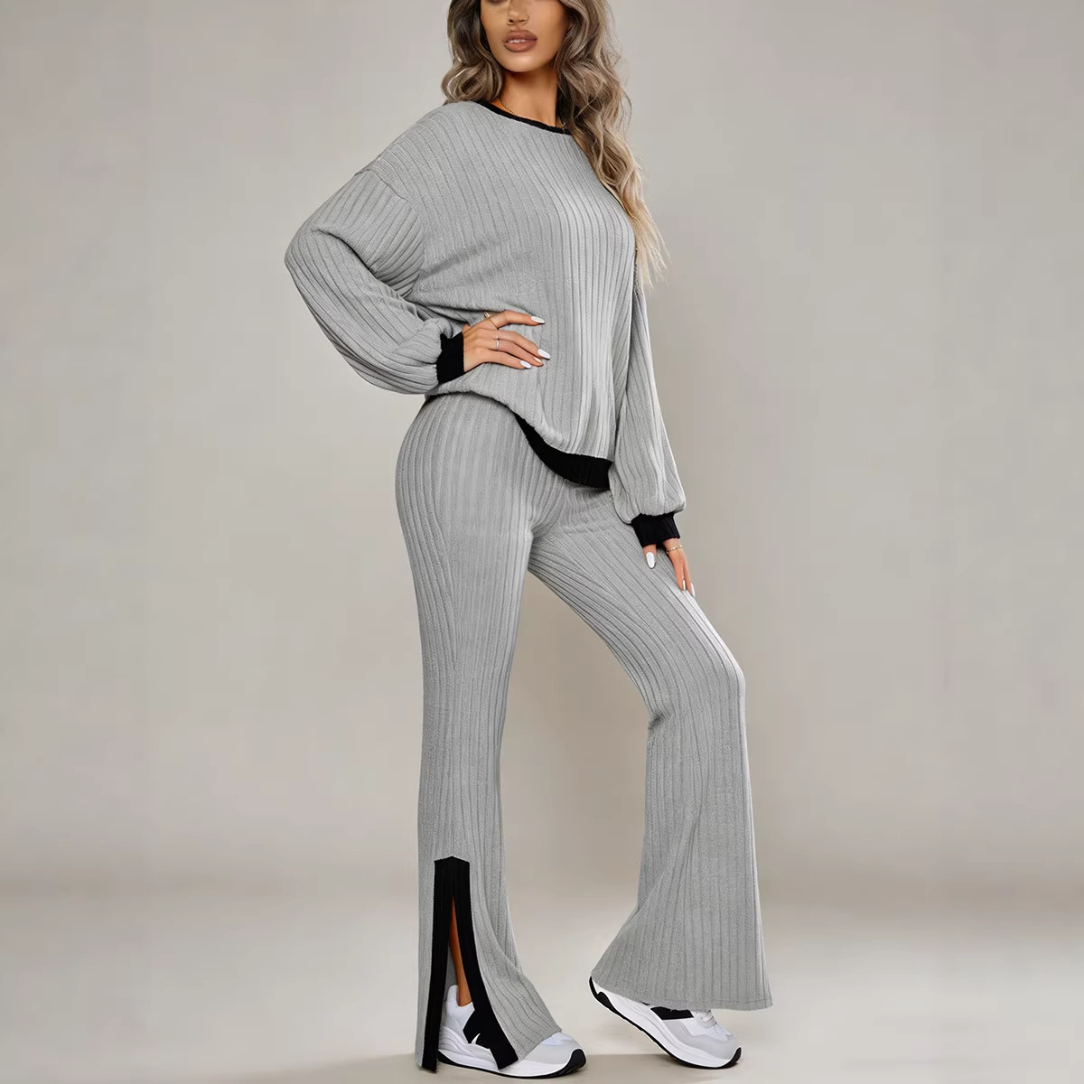 Women's Casual Crewneck Long-Sleeve Sweatshirt and Wide-Leg Pants Two-Piece Set