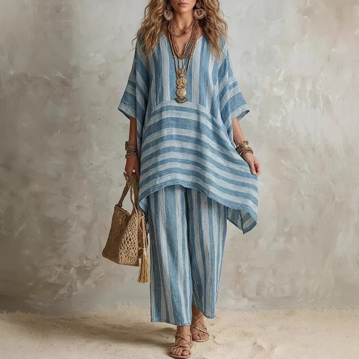 V-Neck Striped Two-Piece Lounge Set