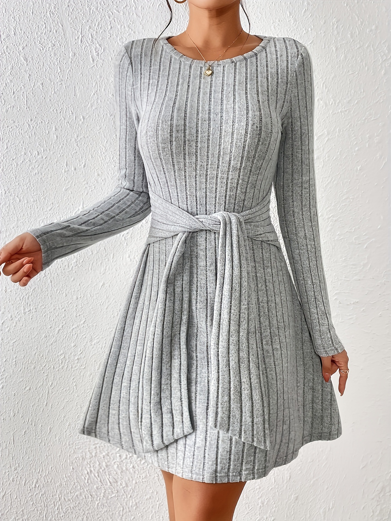 Women's Long Sleeve Ruched Waist Dress Crew Neck A-Line Midi
