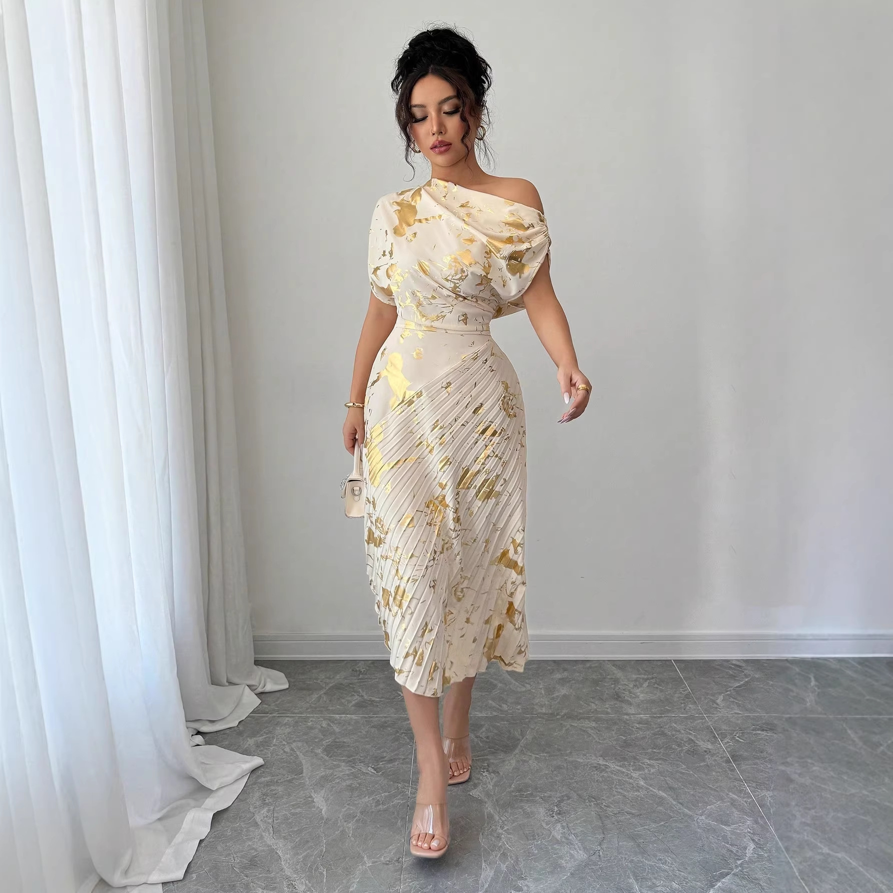 Women's One-Shoulder Dress with Gold Foil Floral Print, Short Sleeve, Cinched Waist, Asymmetric Pleated Midi