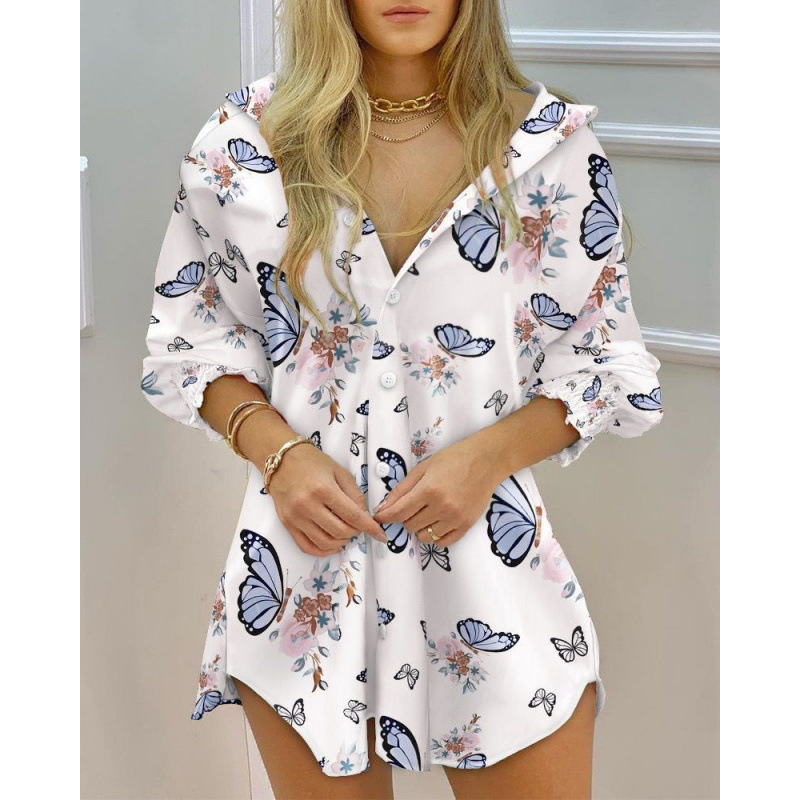 Long Sleeve Floral Print Smocked V-Neck Button Shirt Dress