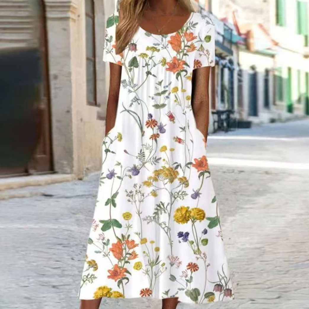 Women's Floral Square Neck Short Sleeve Pocket Casual Dress