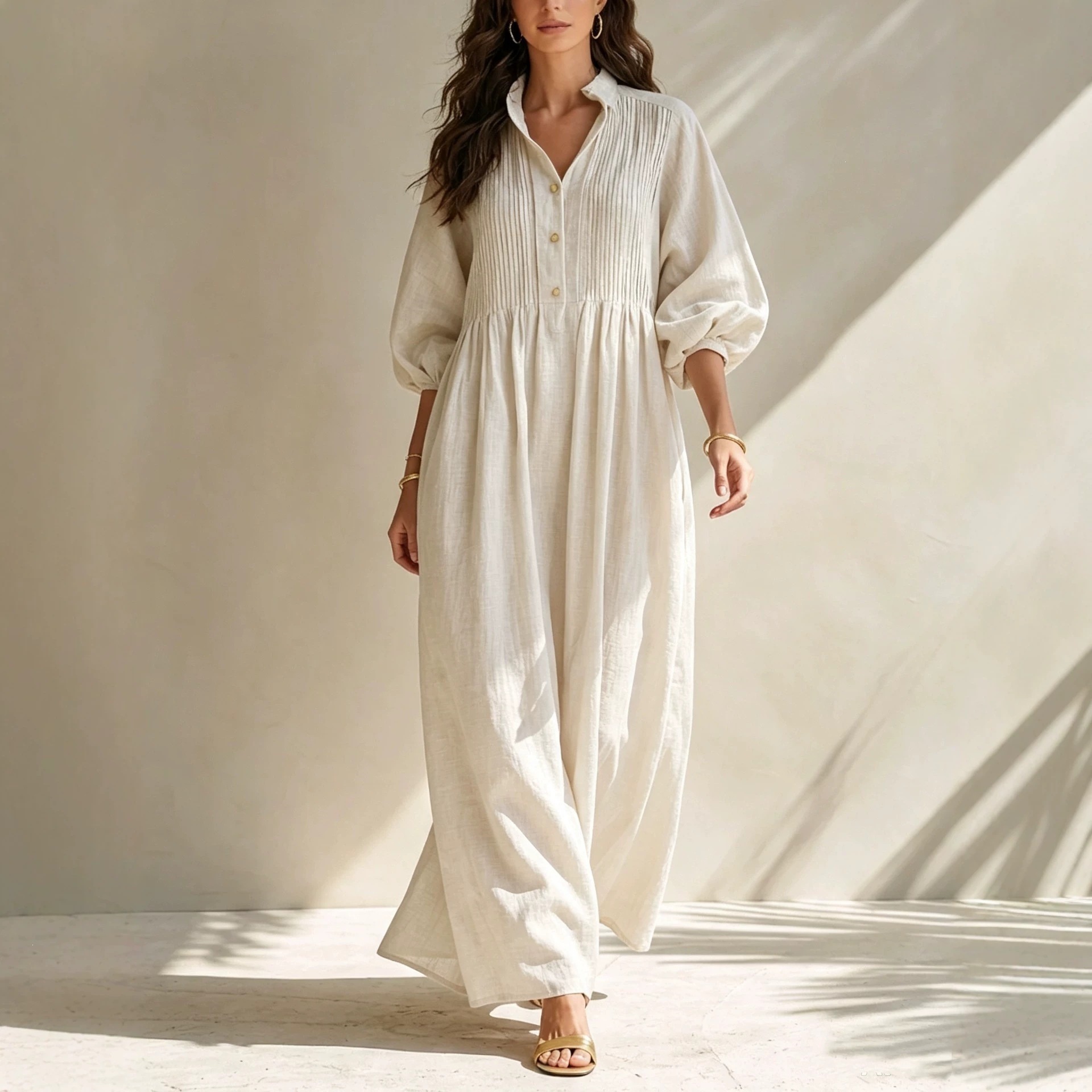 Linen-Blend Long Sleeve Shirt Dress Women's Loose A-Line Midi Bubble Sleeve Solid
