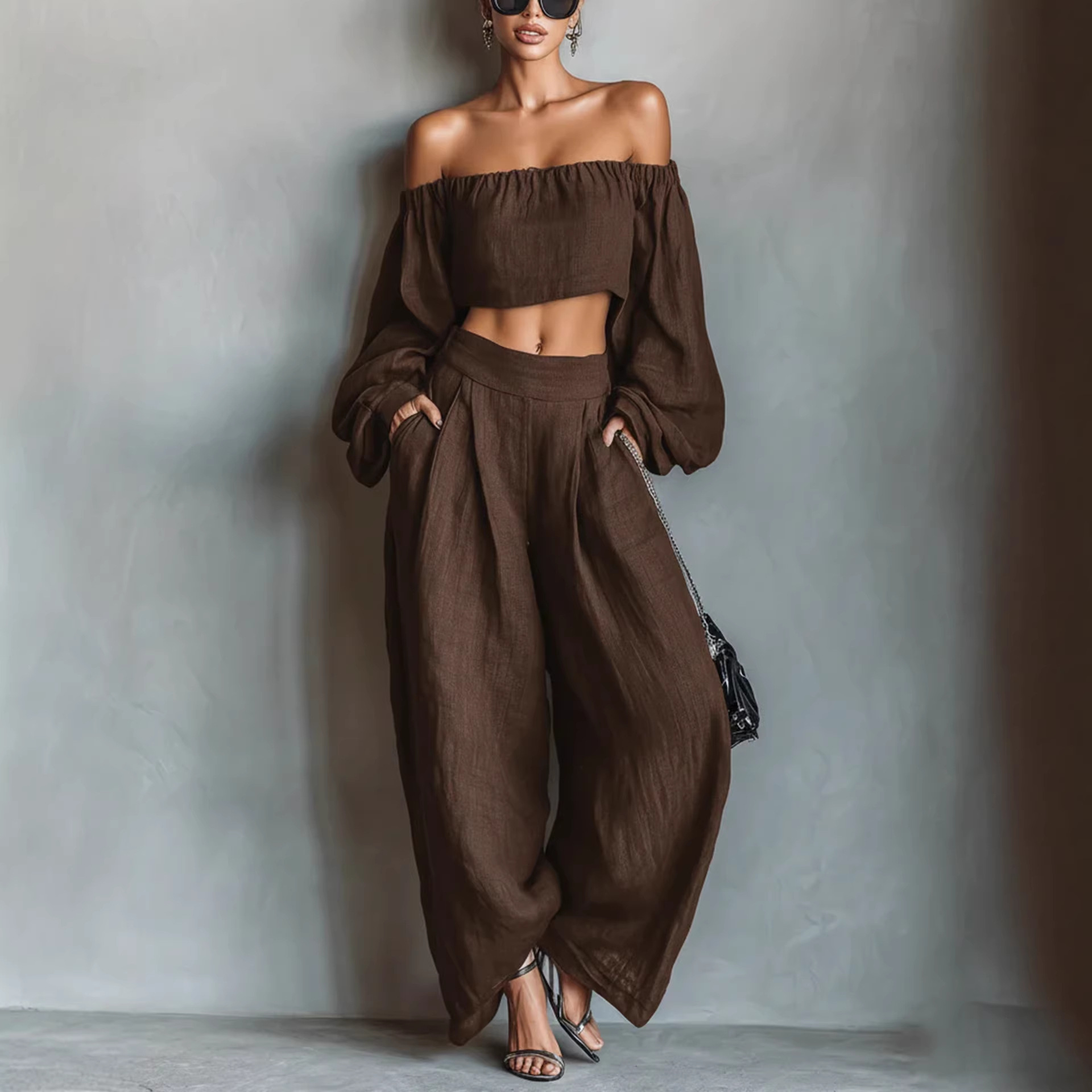 Off-Shoulder T-Shirt and Wide-Leg Pants Two-Piece Set
