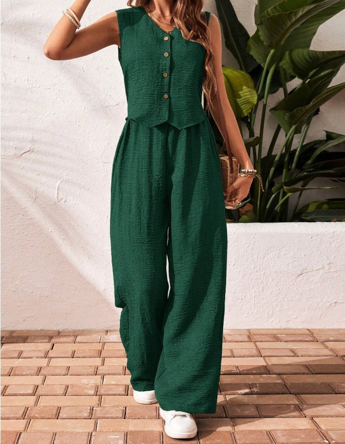 Linen-Blend Button-Front V-Neck Vest and Pants Set
