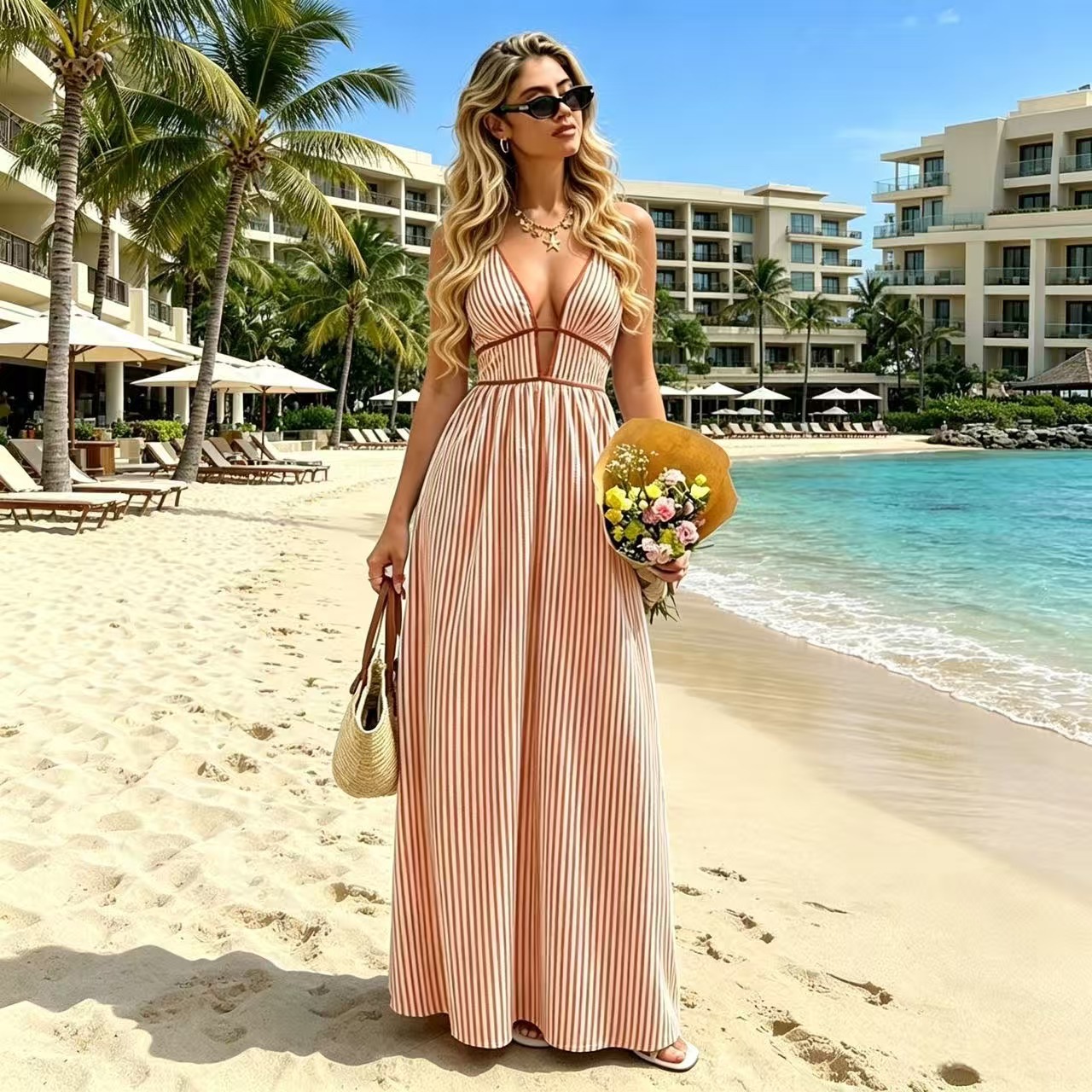 Women's Deep V-Neck Striped Sleeveless Maxi Dress
