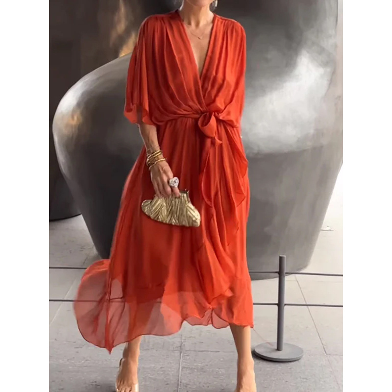 Women's Solid Color Tie-Waist Batwing Sleeve Irregular Long Dress Plus Size
