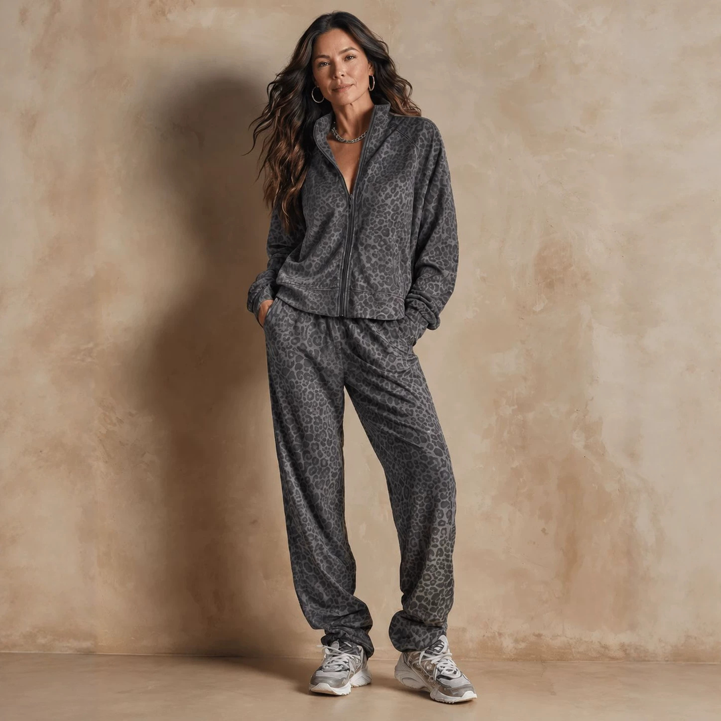 Women's Leopard Print Zip-Up Track Jacket and Pants Set