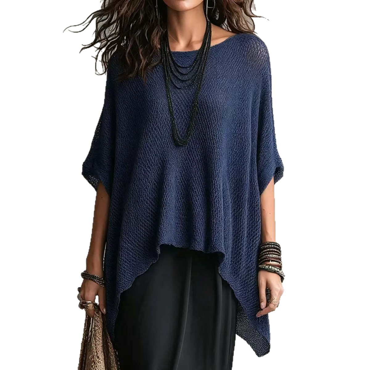 Women's Open Knit Top with Asymmetric Hem and Batwing Sleeves