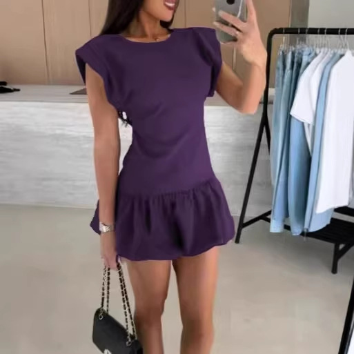 Women's Short Sleeve Ruffle Solid Color Dress