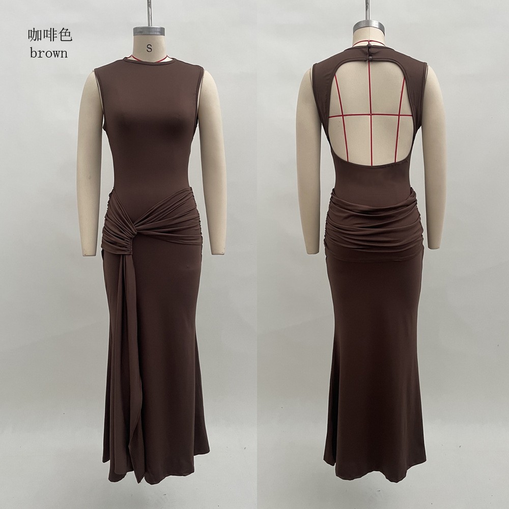 Sleeveless Round Neck Open Back Bodycon Pleated Maxi Dress