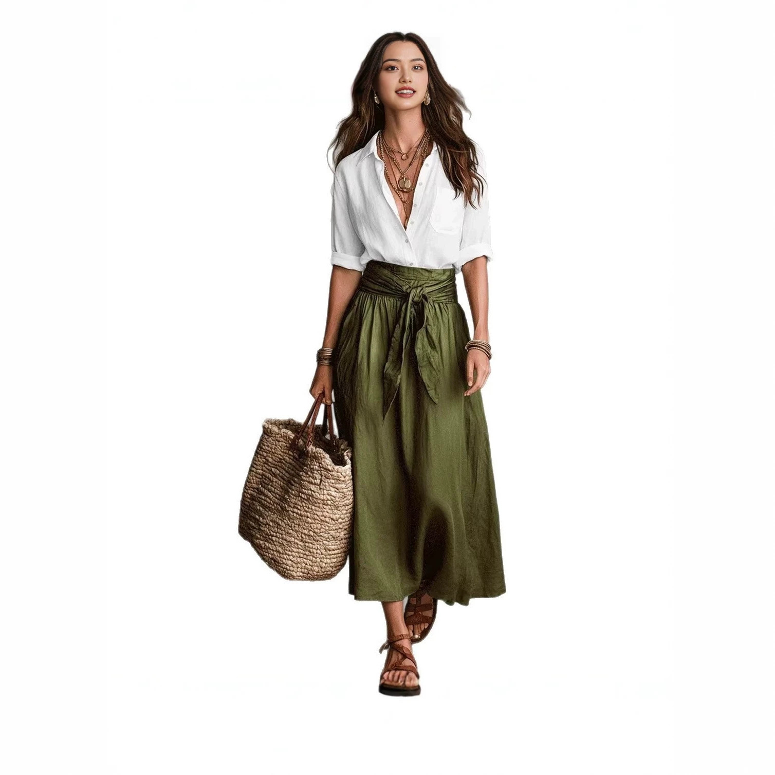 Color-Block Shirt and Midi Skirt Two-Piece Set