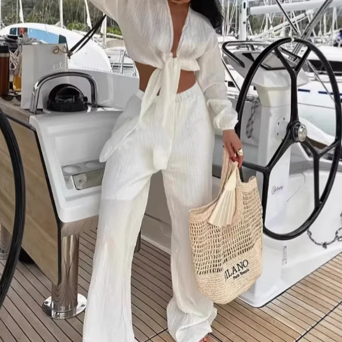 Women's Solid Color Open-Front Cardigan and Wide-Leg Pants Two-Piece Set