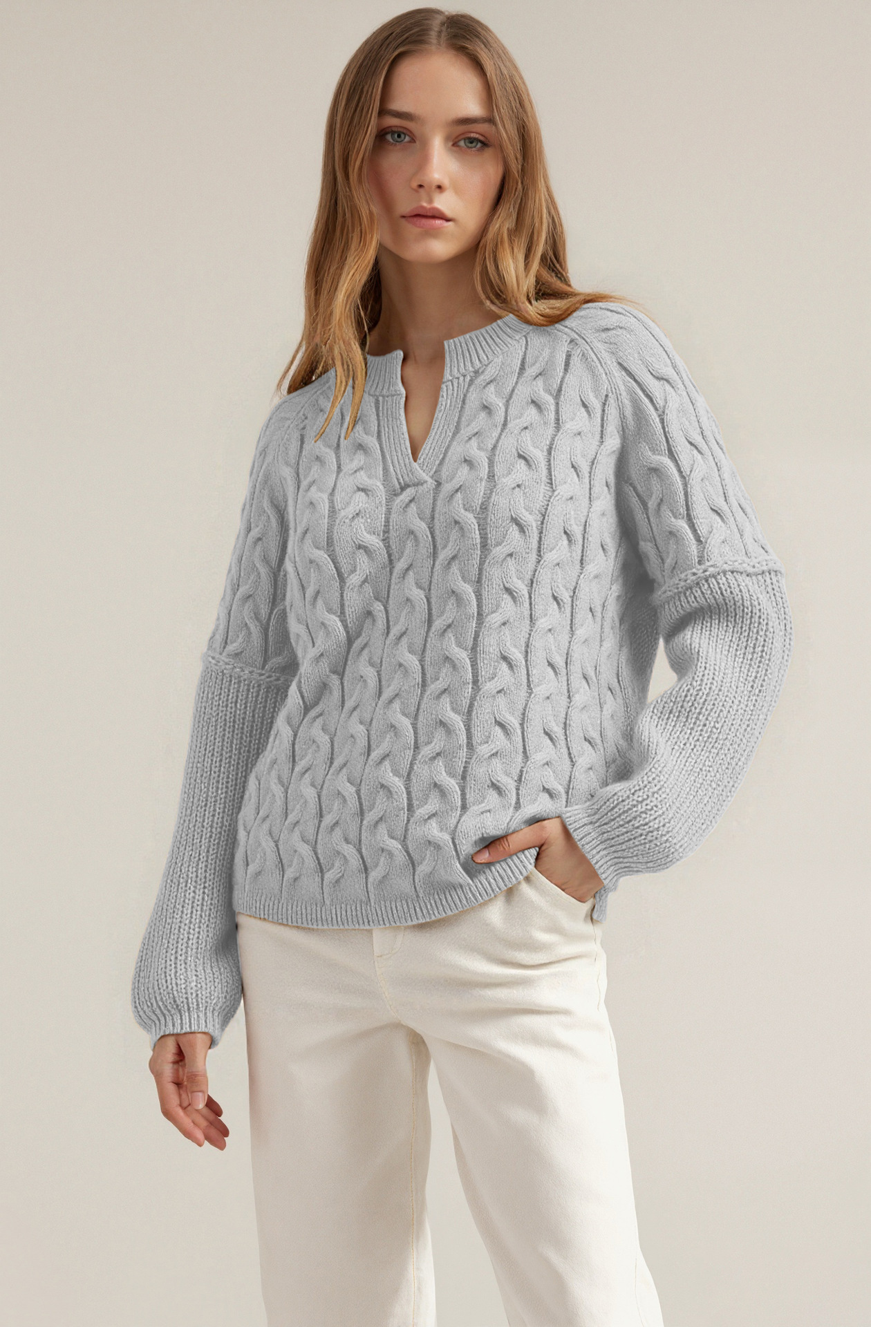 Cable-Knit V-Neck Long-Sleeve Sweater