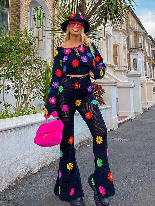 Women's Casual Crochet Knit Pants with Floral Embroidery