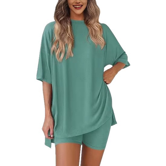 Women's Solid Color Crewneck Short Sleeve Tee and Shorts Two-Piece Set