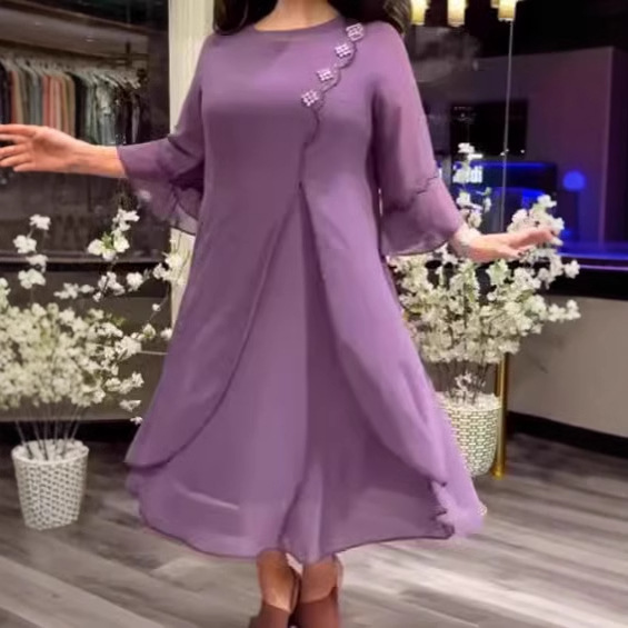 Women's Plus Size Loose A-Line Dress with Flared Sleeves