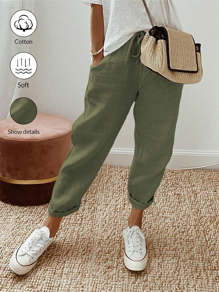 Women's Cotton Linen Cropped Pants with Pockets and Elastic Waist, Loose Casual