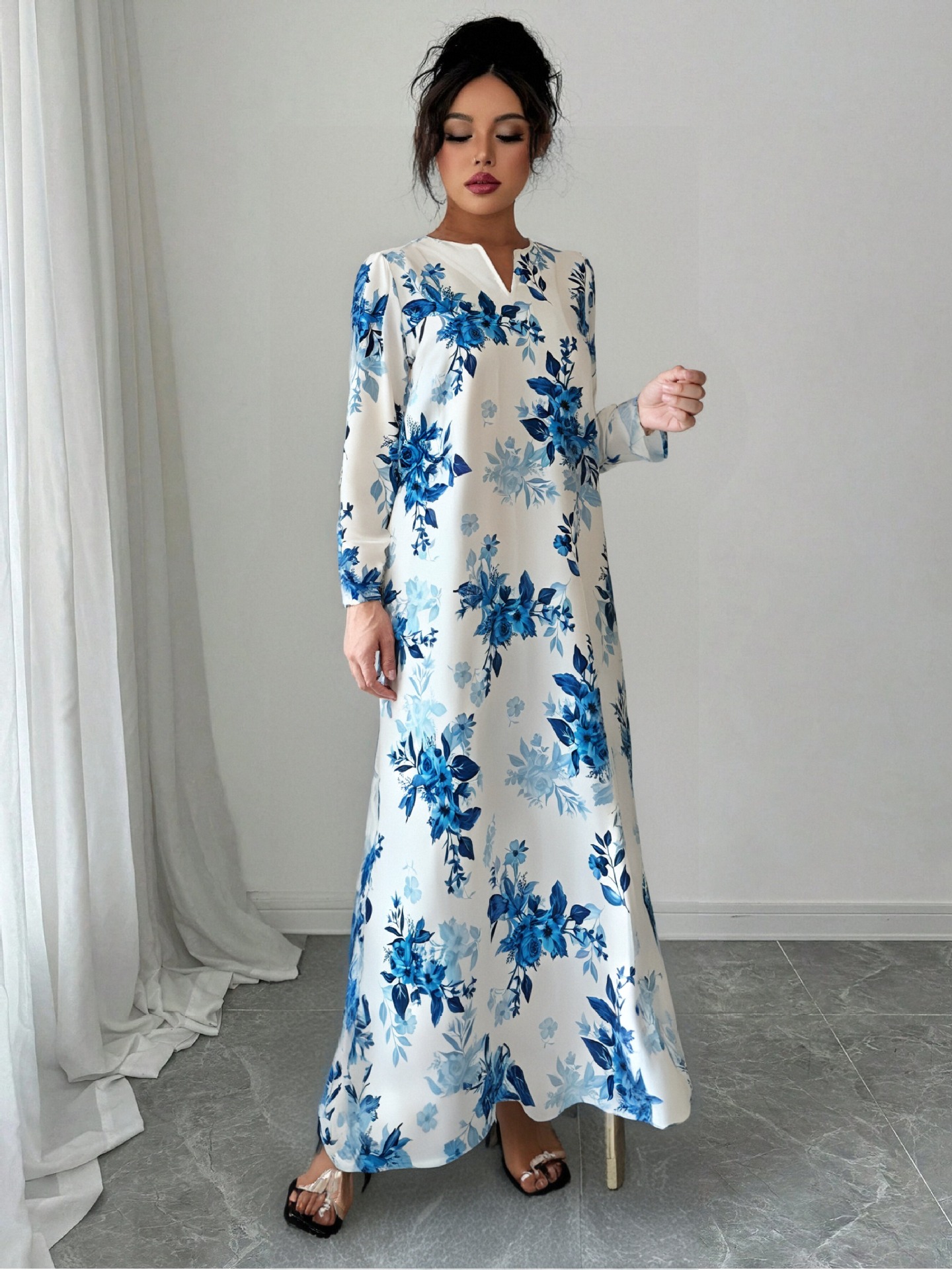 High-Saturation Colorblock Print Long Dress Loose Flattering A-Line V-Neck