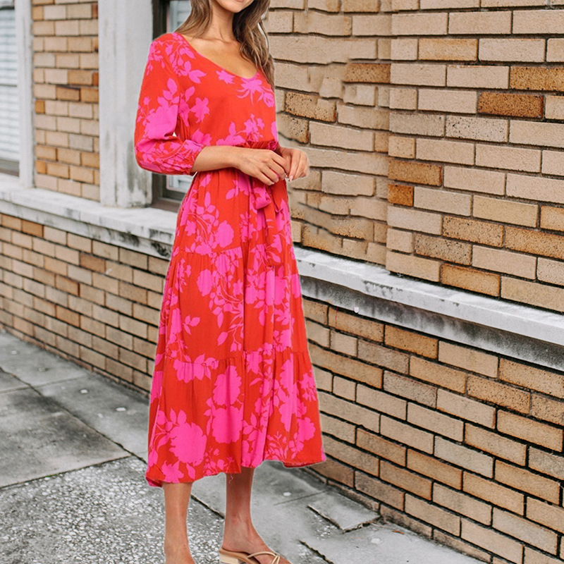 V-Neck Floral Print A-Line Maxi Dress