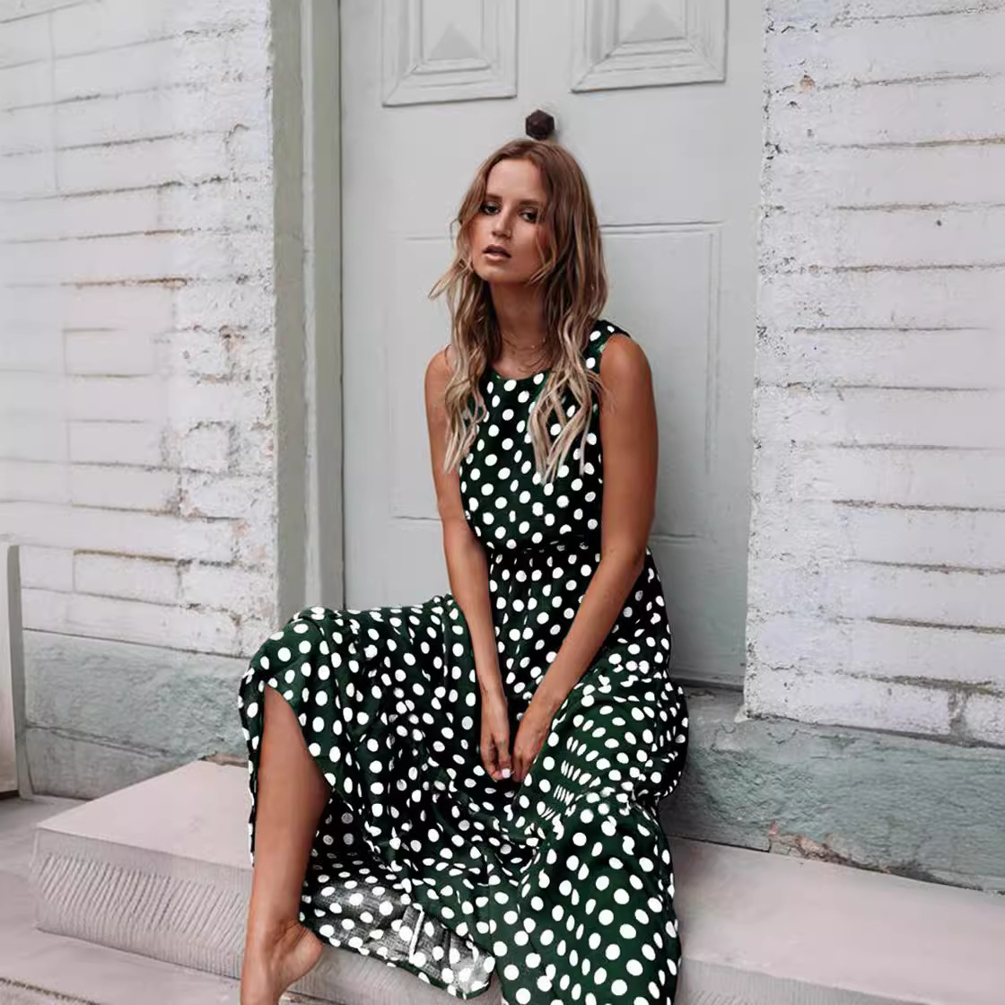 Sweet Polka Dot Sleeveless Midi Dress