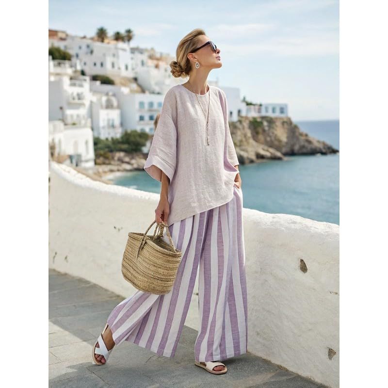 Bohemian Print Crewneck Short Sleeve Top and Pants Casual Set