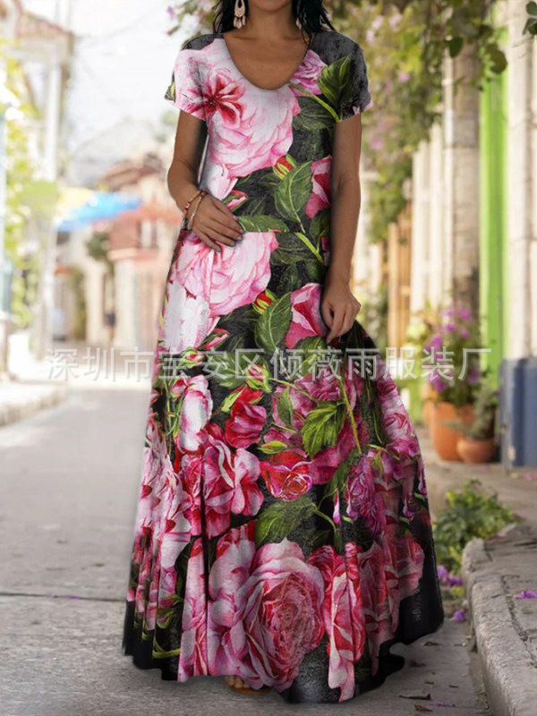 Women's Digital Print Casual Dress with Lantern Sleeves