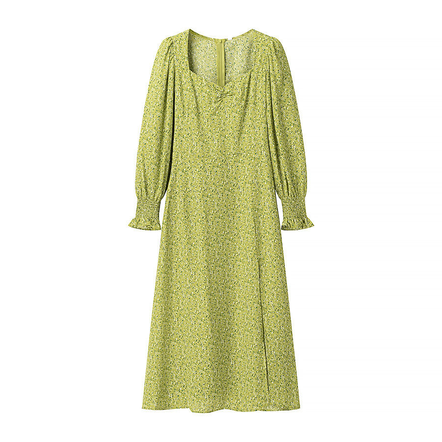 Green Floral Print Puff Sleeve Midi Dress