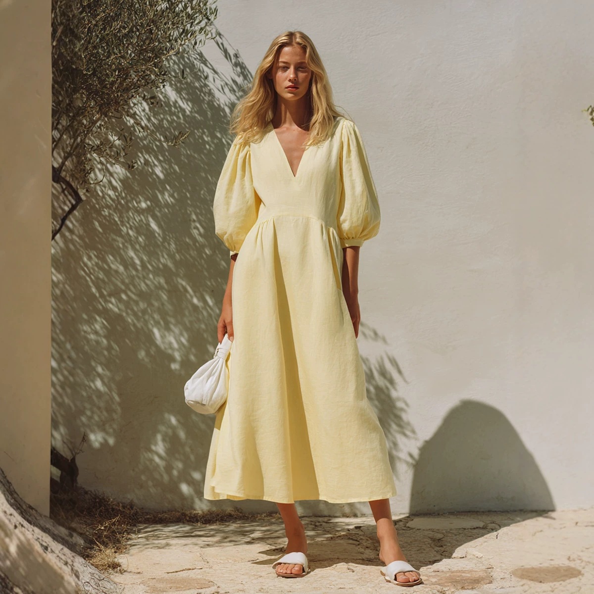 Linen V-Neck Bubble Sleeve A-Line Midi Dress