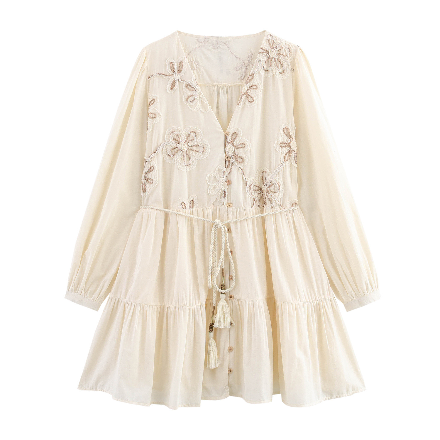 Women's Summer Floral Embroidered Long Sleeve Waist-Cinched Midi Dress