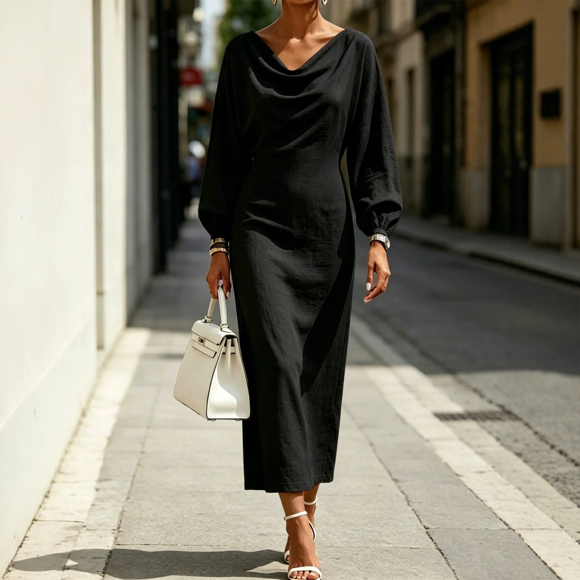 Women's Draped Neck Lantern Sleeve Long Sleeve Midi Dress Elegant A-Line
